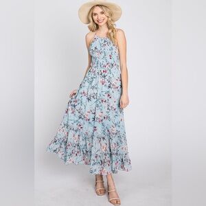 Light Blue Floral Chiffon Smocked Midi Dress